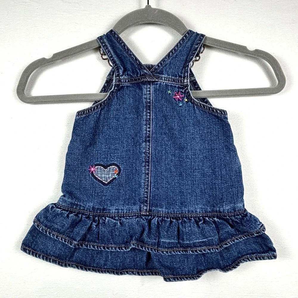 OshKosh B'gosh Denim Overalls Dress Ruffle‎ Heart Flower Baby Girls 12 Months